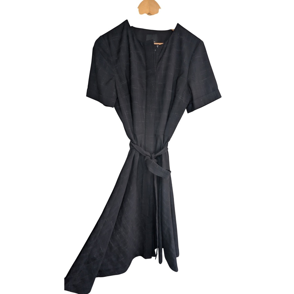 Alex Marie Black Windowpane Plaid Belted Midi Dress Short Sleeve Size 8 9210M407